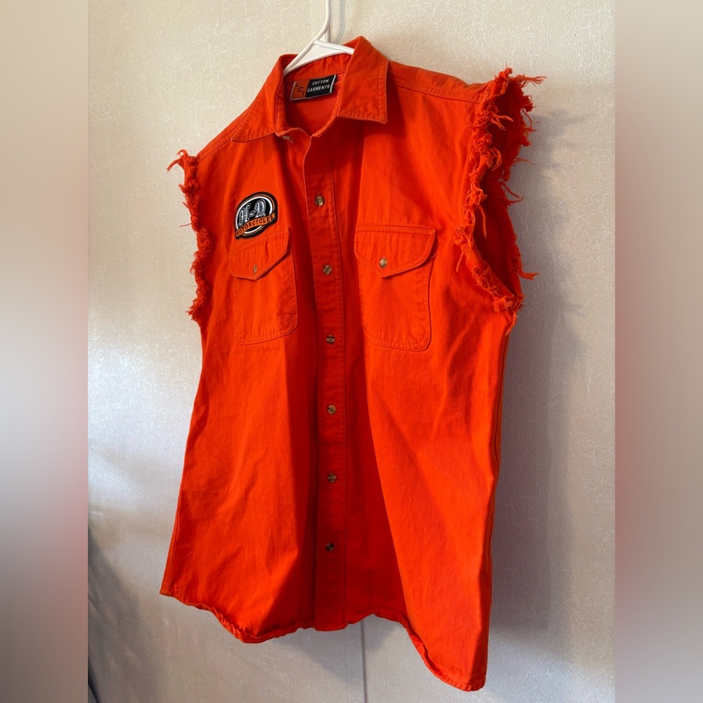 Harley Davidson | Orange Sleeveless Button-Up Shirt with Patch | Size Medium - Picture 4 of 5